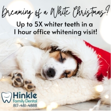 Dog sleeping with santa hat, advertisement for teeth whitening
