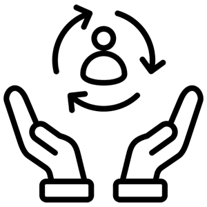Icon of hands holding up person surrounded by circle of arrows