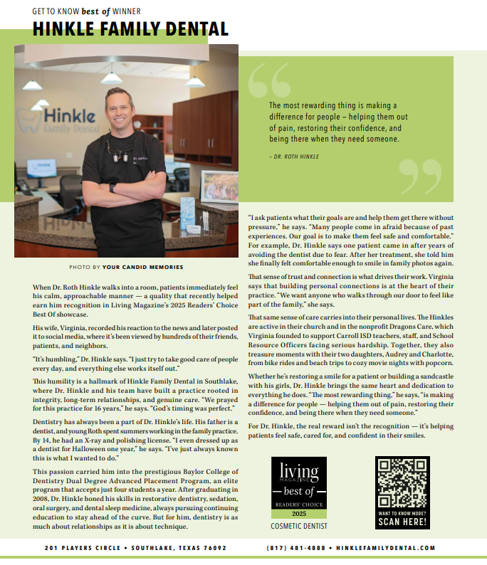 Portrait of a dentist in a modern office, smiling confidently. Article describes his compassionate approach and award recognition. The tone is warm and professional.