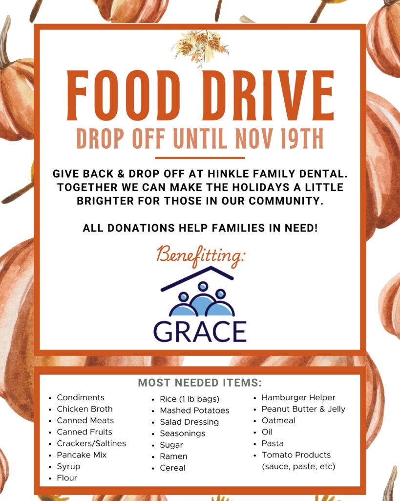 Food drive poster with 'Drop off until Nov 19th' in bold orange letters. Lists donation items like canned goods and pasta. Features pumpkins and benefits GRACE charity.