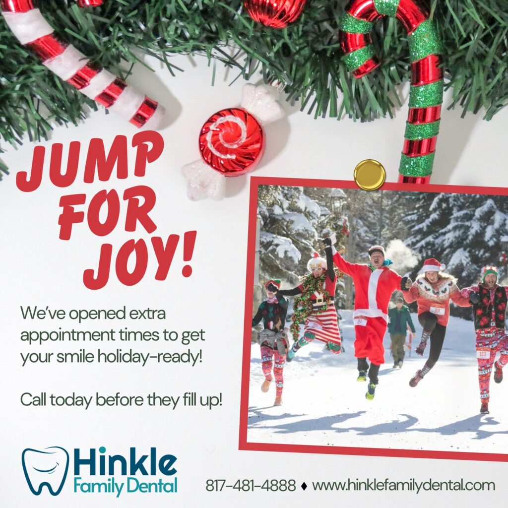 Festive dental ad with people in holiday attire joyfully jumping in snow. Greenery with candy decorates the image. Text reads 'Jump for Joy!' with dental clinic info.