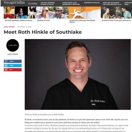 Doctor Roth Hinkle featured in a Voyage Dallas article titled Meet Roth Hinkle of Southlake.