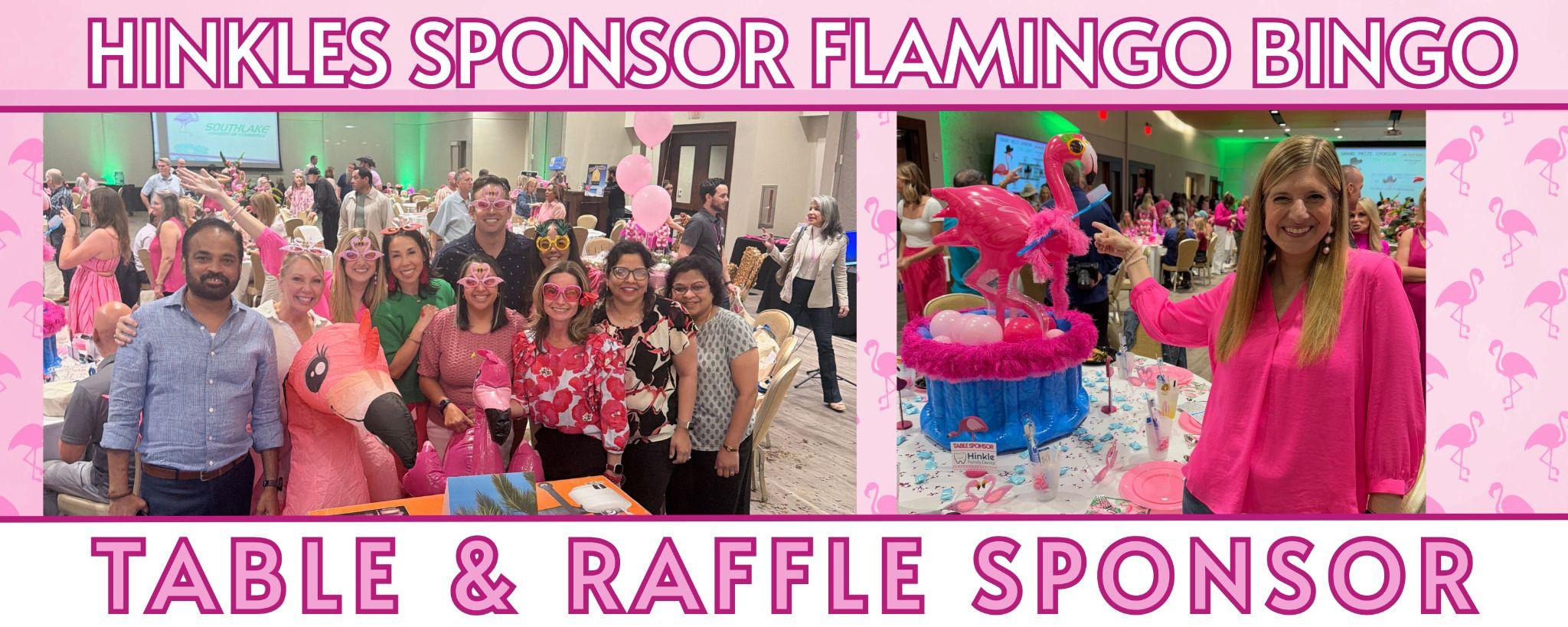 A group of smiling people at a Flamingo Bingo event, surrounded by pink flamingo decor and balloons.