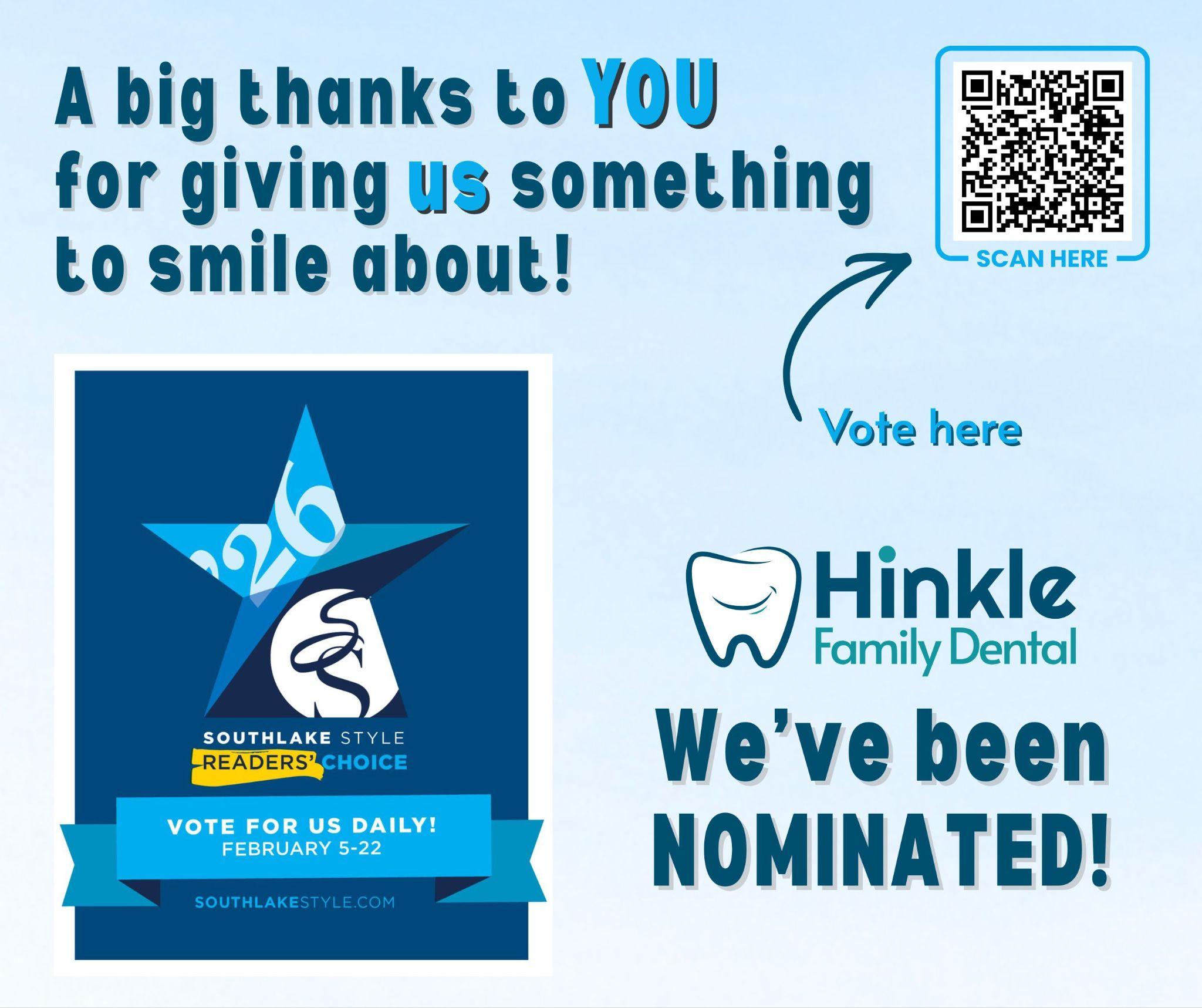Promotional graphic for Hinkle Family Dental's nomination in Southlake Style Reader's Choice.