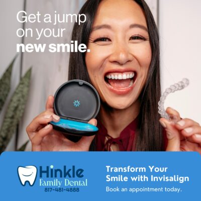 A woman holding Invisalign clear aligners, promoting a smile transformation with the text Get a jump on your new smile.