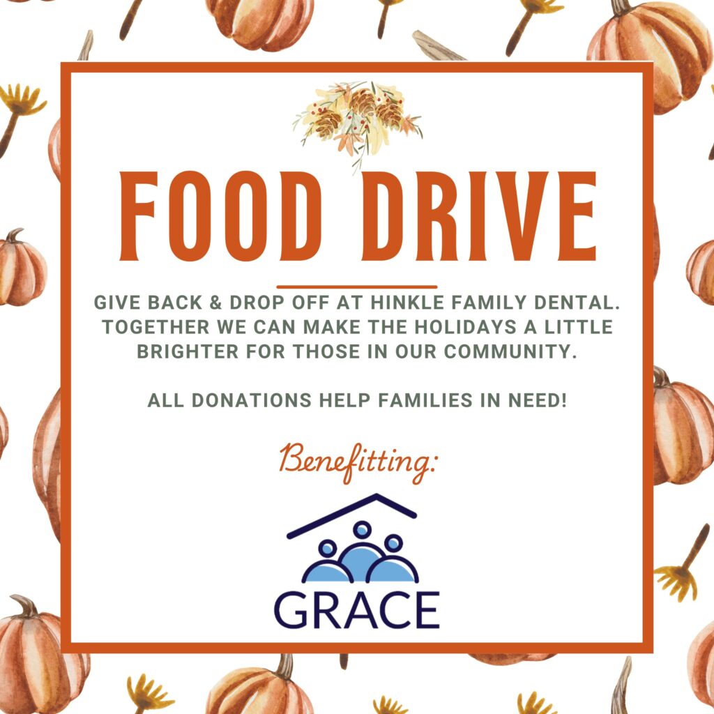 Food drive poster with 'Drop off until Nov 19th' in bold orange letters. Lists donation items like canned goods and pasta. Features pumpkins and benefits GRACE charity.